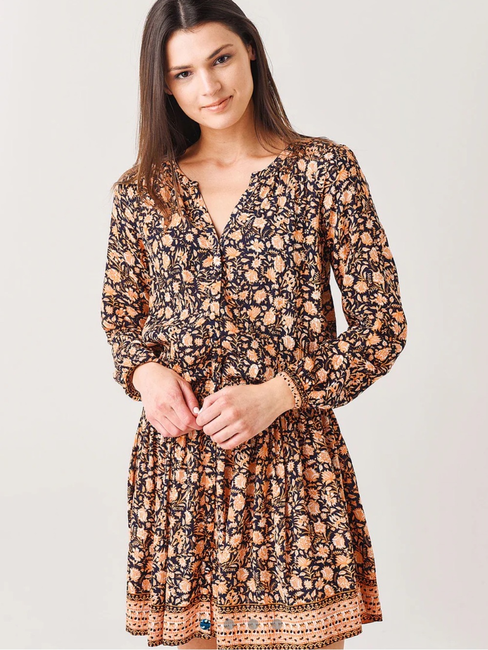 Faherty Floral Long-Sleeve Mini Dress in Black and Peach